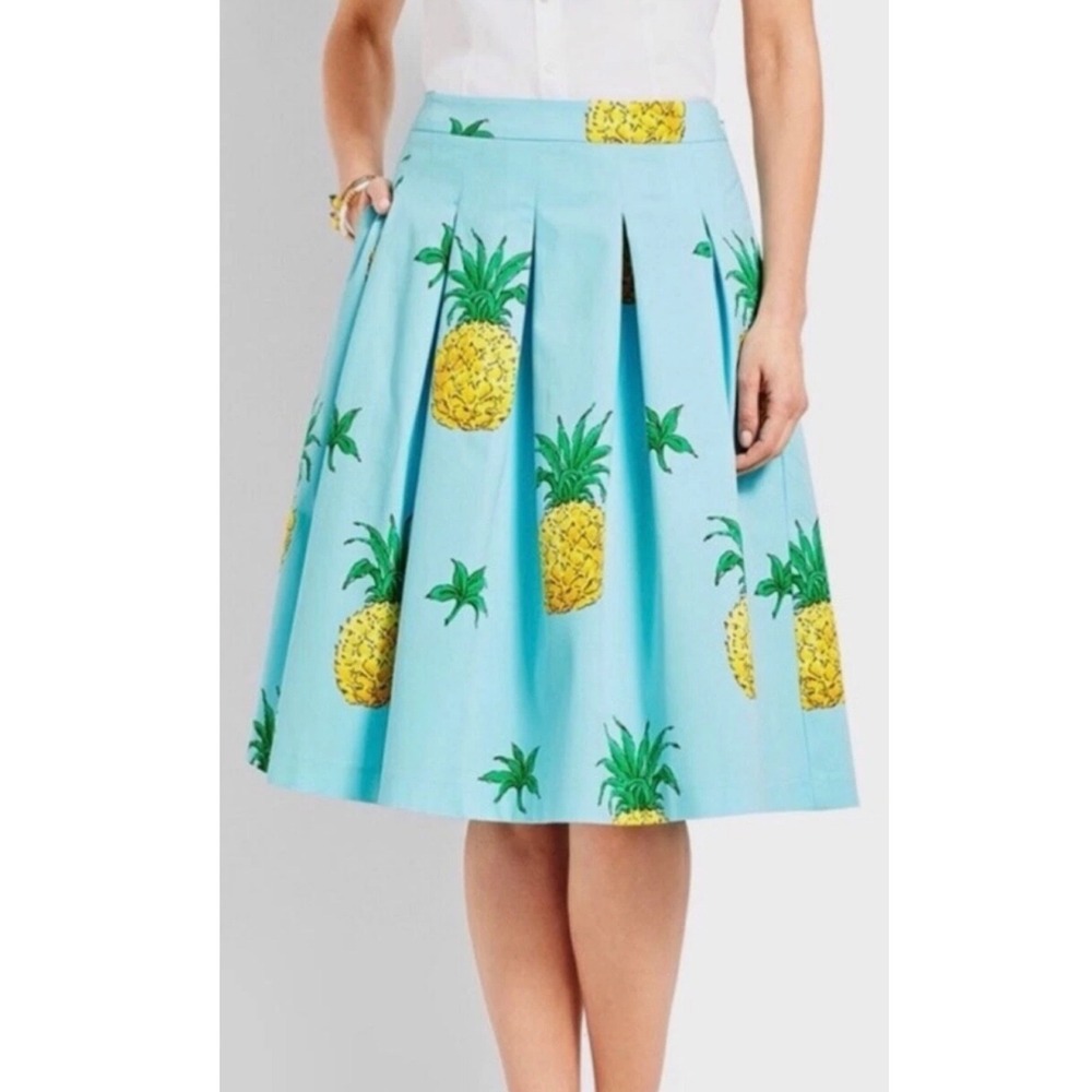 Talbots RSVP Womens Skirt 10 Blue Pineapple Novelty Pleated Pockets Tropical